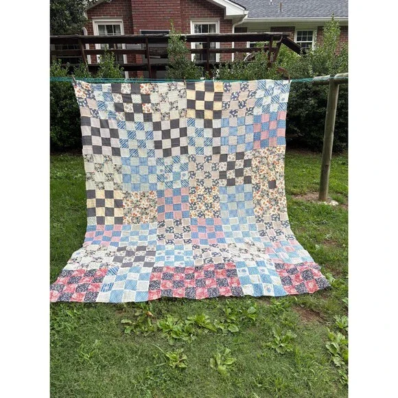 Vintage Handmade Checkerboard Patchwork Quilt Top Cottage Farmhouse Bedding