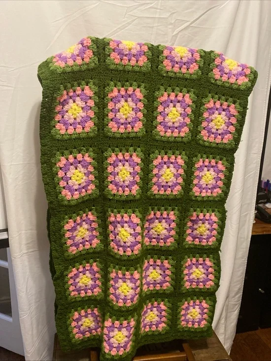 Handmade Granny Square Crochet Blanket in Olive, Pink, Lavender & Yellow