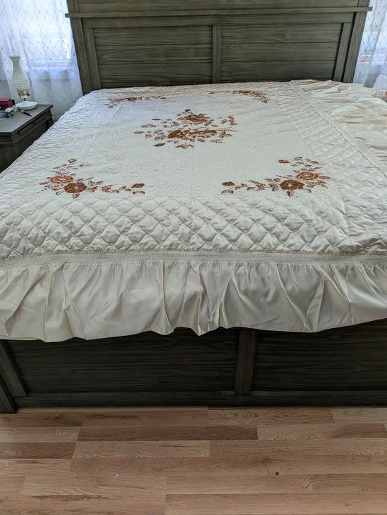 Elegant Cream Quilted Bedspread with Embroidered Rust Floral Accents