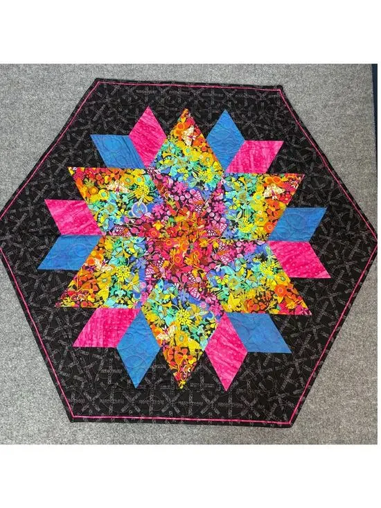 Handmade Quilted Hexagon Table Topper Floral Lone Star Pattern 42