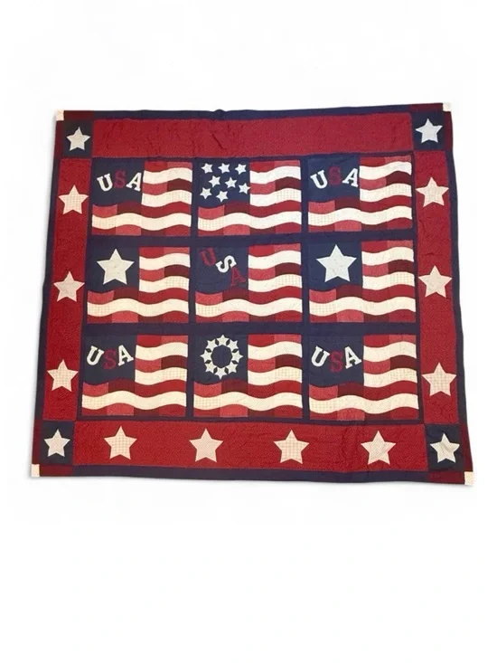 Handmade Patchwork American Flag Quilt 105x92 USA Red White Blue July 4th Throw