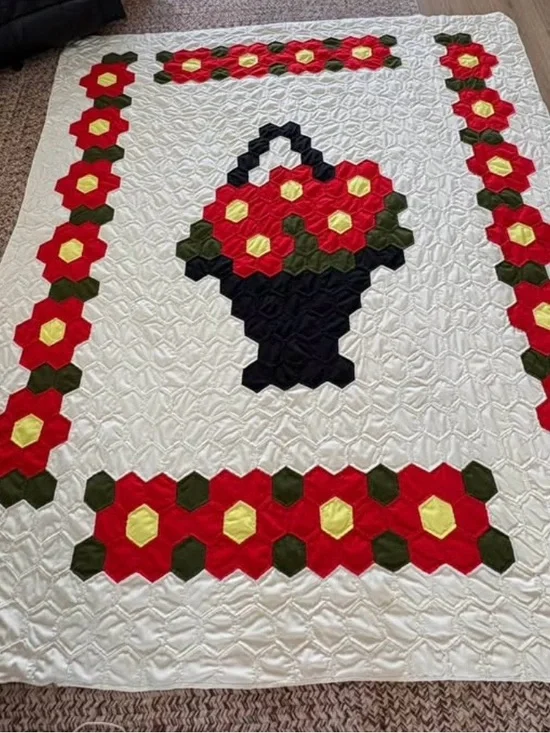 Handmade Vintage Floral Basket of Flowers Quilt - White, Red, Black