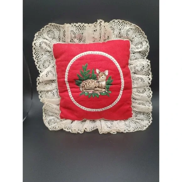 Small Square Decorative Pillow With Quilted Baby Deer/Fawn Red And White