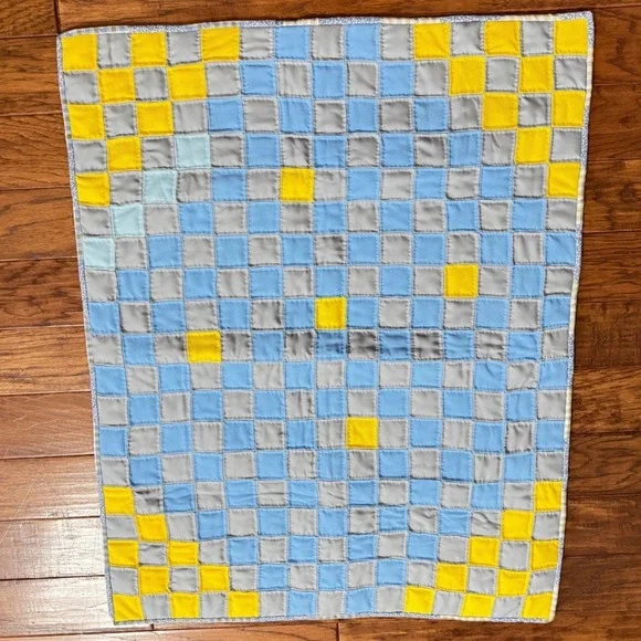 EUC Granny Handmade Patchwork Baby Quilt Blue‎ Grey Yellow Nursery Blanket 36x45