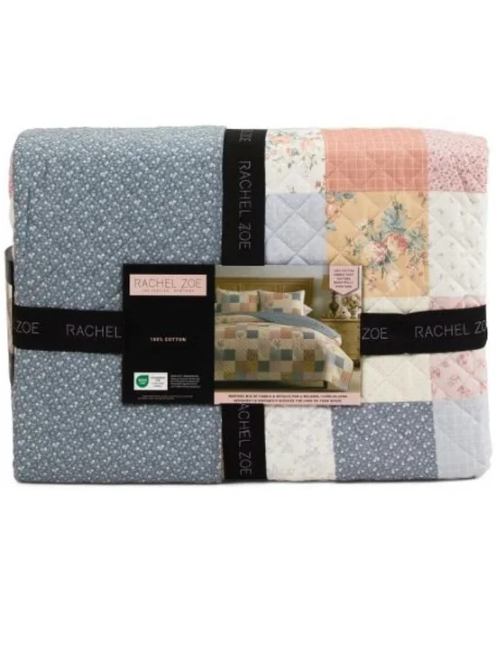 Rachel Zoe Patchwork Cotton Reversible Quilt Set in Blue, Pink, Cream
