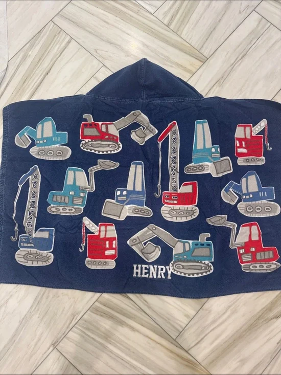 Pottery Barn Kids Blue Construction Vehicle Hooded towel - personalized Henry