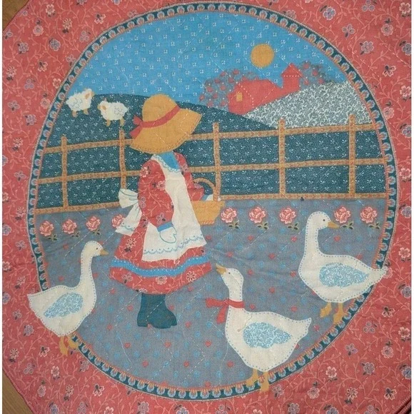 VTG Granny Cottage Core Farm Girl Feeding Geese Quilted Handmade Wall Decor