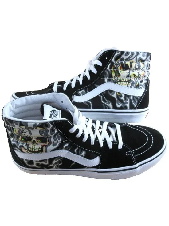Vans Men's Sk8-Hi Flame Skull Black True White Canvas Suede shoes Size 11 NEW