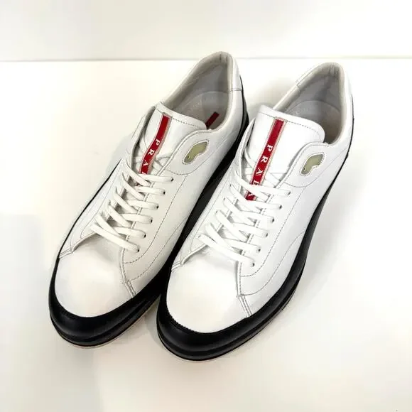 PRADA America's Cup White Black Leather Low Top Sneakers 10 Two Tone Sport Shoes