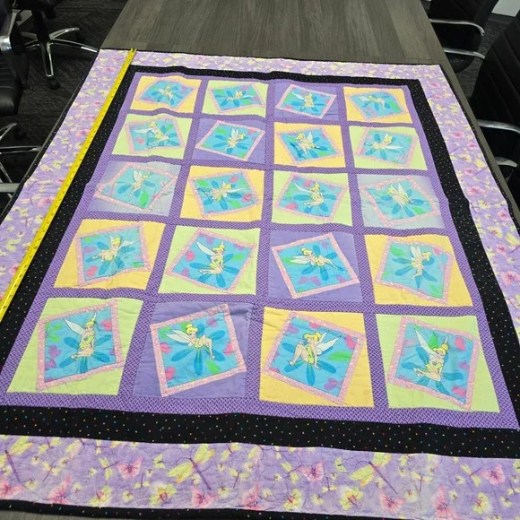 Disney Tinker Bell Handmade Quilt Blanket Fairy Patchwork Purple Yellow 55x46