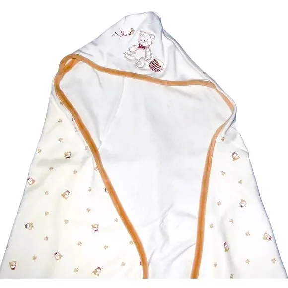 Le Top Infant Hooded Bath Blanket White Tan Teddy Bear 19x19 inches Cotton