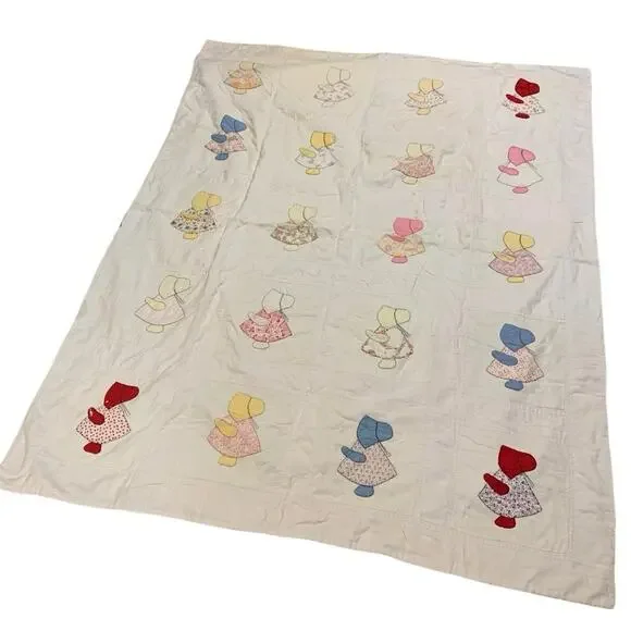 Vintage Sunbonnet Sue Quilt Cutter Primitive Hand Applique Cottage 63x79” READ