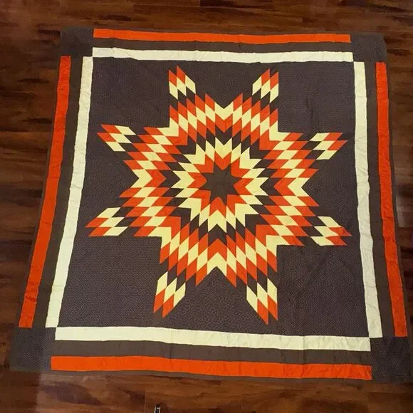 Vintage Handmade Lone Star Quilt Brown Orange Hand Quilted Bedspread Queen Large