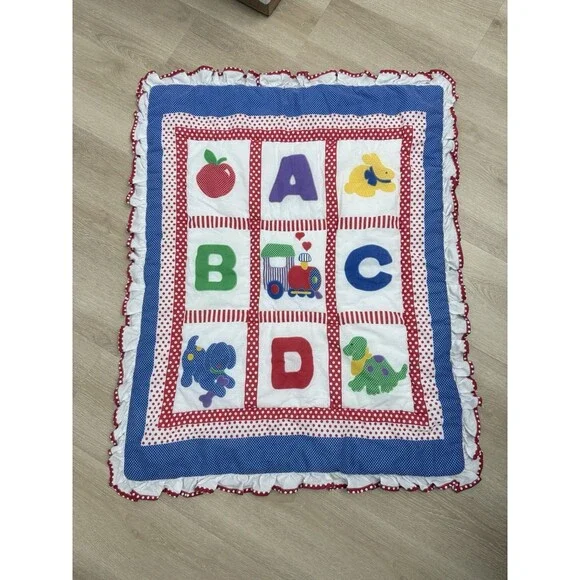 Vintage Cuddle Me Ruffle ABC Train Puppy Dinosaur Baby Quilt Blanket Noel Joanna