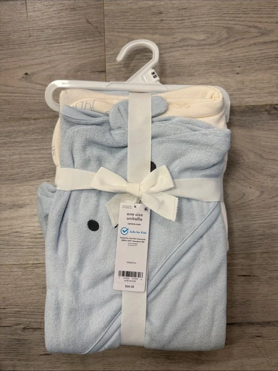 Carter's Light Blue Hooded Baby Towel with Cream Trim.  Two towels