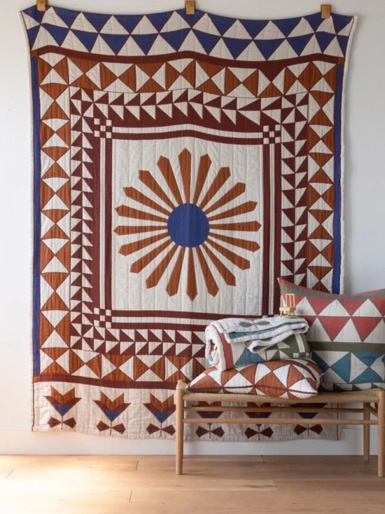 Schoolhouse & Rachel Murray collab Queen Windmill Quilt in Blue and Rust BNWT