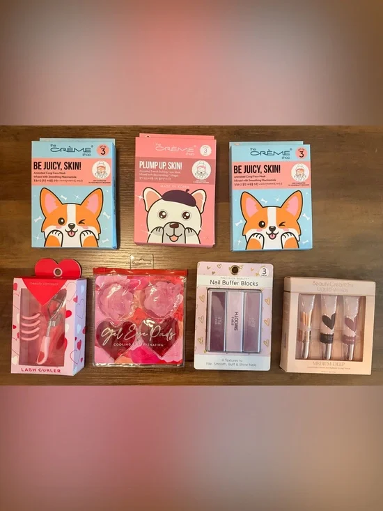 Beauty bundle Creme Shop face masks, eyelash curler, lip gloss, eye pads NEW
