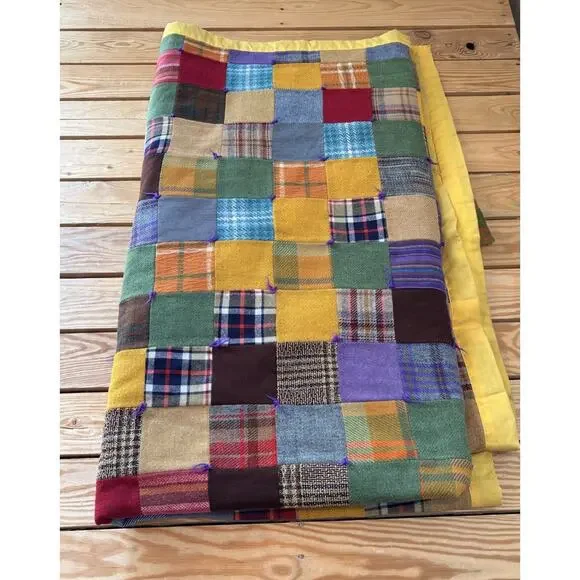 Vintage Handmade Wool Patchwork quilt Size 84x70 Yellow Sf