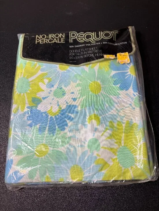 Vintage Groovy Blue Floral Pequot Double Flat Sheet New