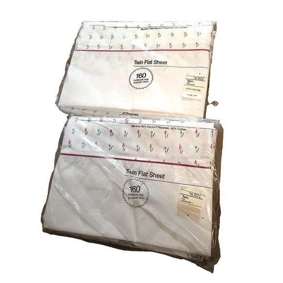 NEW Lot of 2 Vtg JC Penney Stockholm White Tulips No-Iron‎ Twin Flat Sheet Set