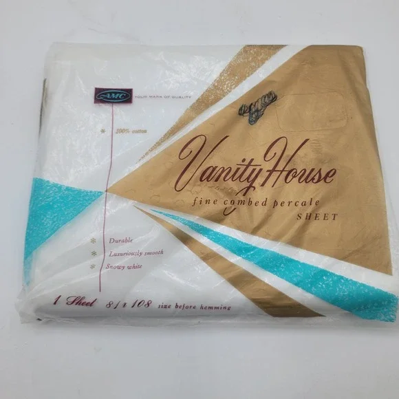 Vintage AMC Vanity House White Percale Flat Sheet 100% Cotton 81x108 USA Made