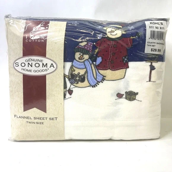 Sonoma Flannel Sheet Set Twin Snowman Winter 100% Cotton‎ Bedding New Sealed