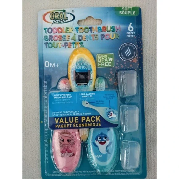 Oral Fusion Toddler Toothbrush Value Pack Soft BPA-Free 6pc w/ 3 Covers