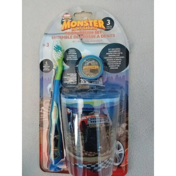 Monster In My Garage Kids Toothbrush Set Soft Nylon Bristles Cup Cap Blue Green