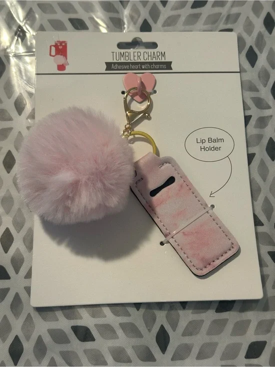 Tumbler Charm Pink Pom Lip Balm Holder Keychain