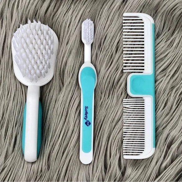 Safety 1st Soft Grip Brush, Comb, and Toothbrush Set for Baby in Turquoise Blue