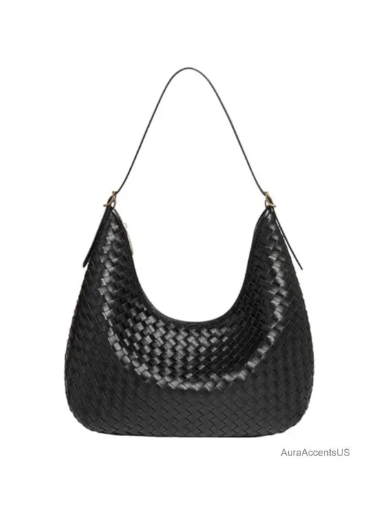Woven Faux Leather Hobo Shoulder Bag with Zipper Lightweight Tote