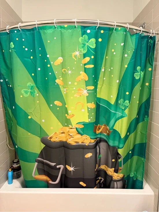 Kids Green Shamrock & Gold Coins Shower Curtain - Fun Bath Decor