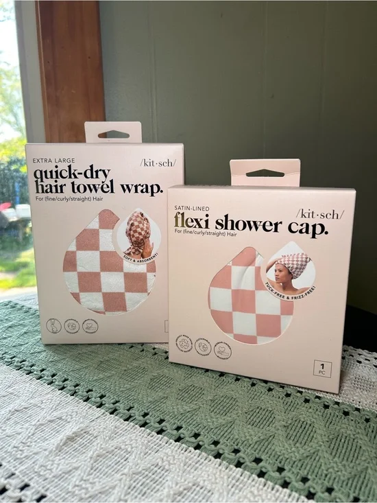 Kitsch Pink and Cream Check Hair Towel Wrap & Flexi Shower Cap Set