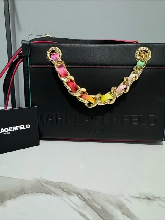 Karl Lagerfeld Black Shoulder Bag with Gold Rainbow-Trim Chain