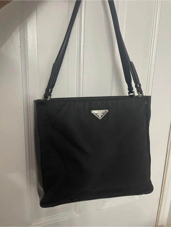 Prada Black Nylon Shoulder Bag with Silver Triangle Logo
