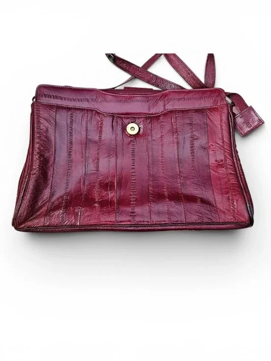 Vintage Genuine Eel Skin Leather Shoulder Bag Clutch Burgundy Oxblood