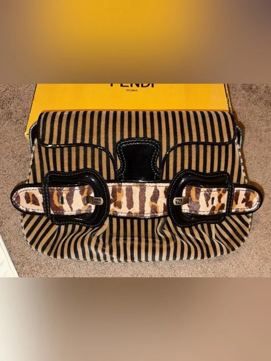 FENDI Striped Velvet B Bis Baguette Leopard Calf Hair, Black Patent Leather rare