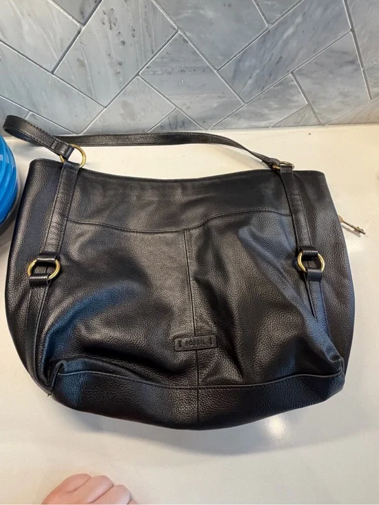Fossil Black Pebbled Leather Shoulder Bag with Gold Hardware