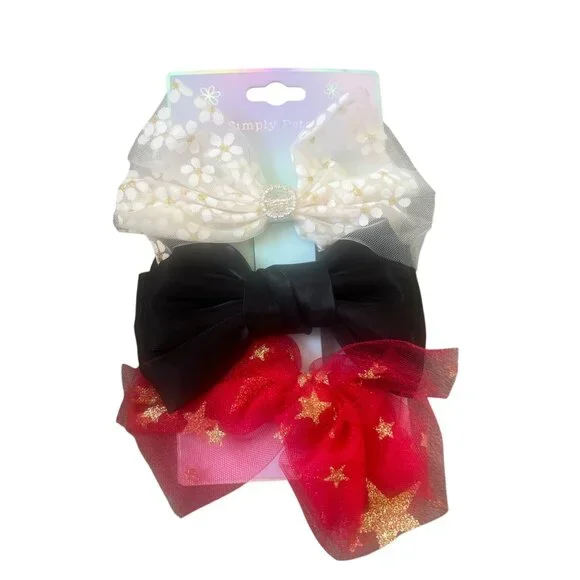 Simply Petals Hair Bows Clips White Floral Black Red Gold Stars Tulle 4.5