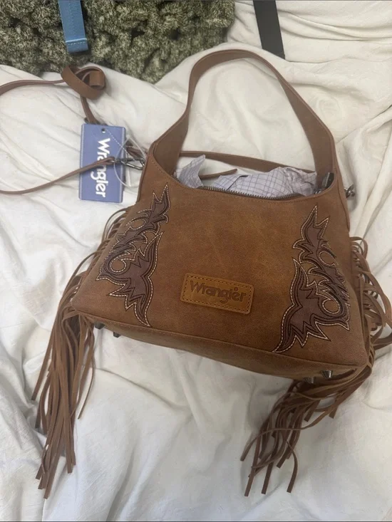 Wrangler Tan Leather Fringe Shoulder Bag with Embroidered Panels