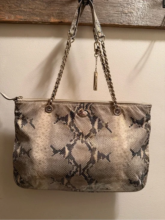 DKNY Metallic Gold Snake-Print Shoulder Bag with Chain Straps