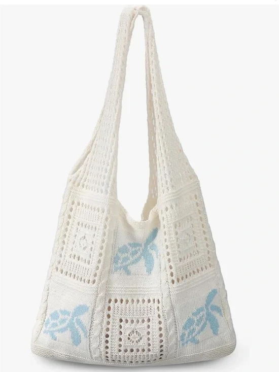 Cream Crochet Shoulder Tote with Light Blue Turtle Motif