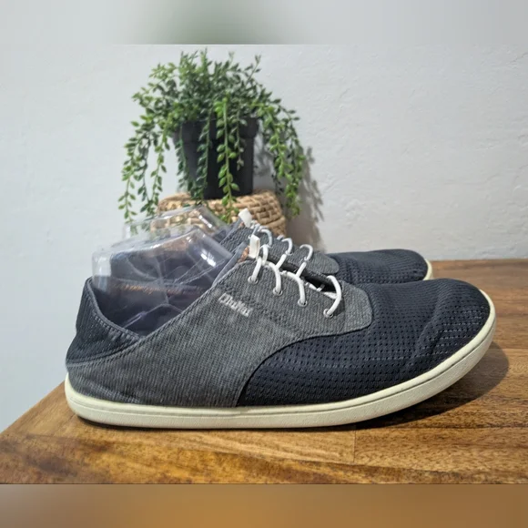 OluKai Nohea Moku Boat Shoes Mens 10.5 Blue Gray  Tie Denim Mesh Casual Sneakers