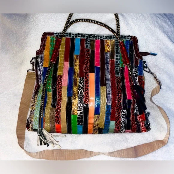 Leather Patchwork Multicolor Tote Bag Leather fringe