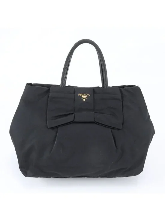 Prada Tessuto Nylon Ribbon Motif Leather Tote Shoulder Black