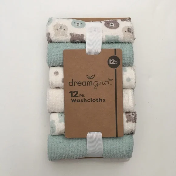 Dreamgro Baby 12 pc Set Washcloths - Sage Green & White Set 9”x9” NEW