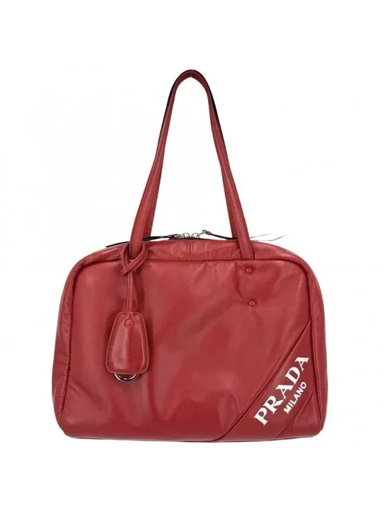 Prada Handbag Nappa Tote Leather Red Blue Silver