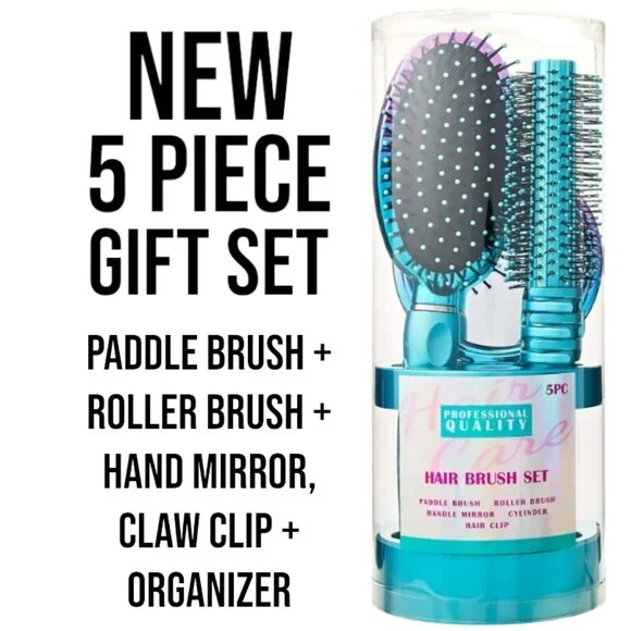 NEW 5-Piece Hairbrush Brush Set Hand Mirror Beauty Brushes Blue Easter Basket St