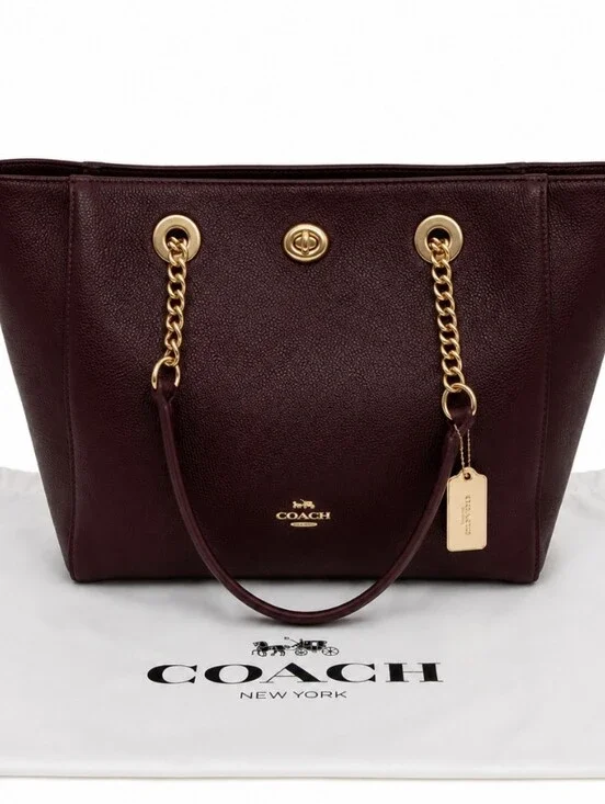 Coach Turnlock Chain Tote 27  Oxblood Pebbled Leather Gold Chain Shoulder Bag OS