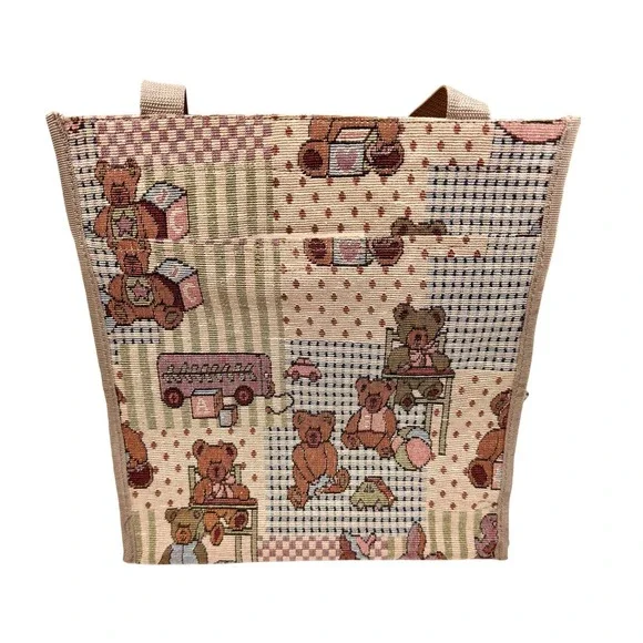 Vintage Teddy Bear Tapestry Tote Bag Nursery Patchwork Cottagecore Woven Purse‎